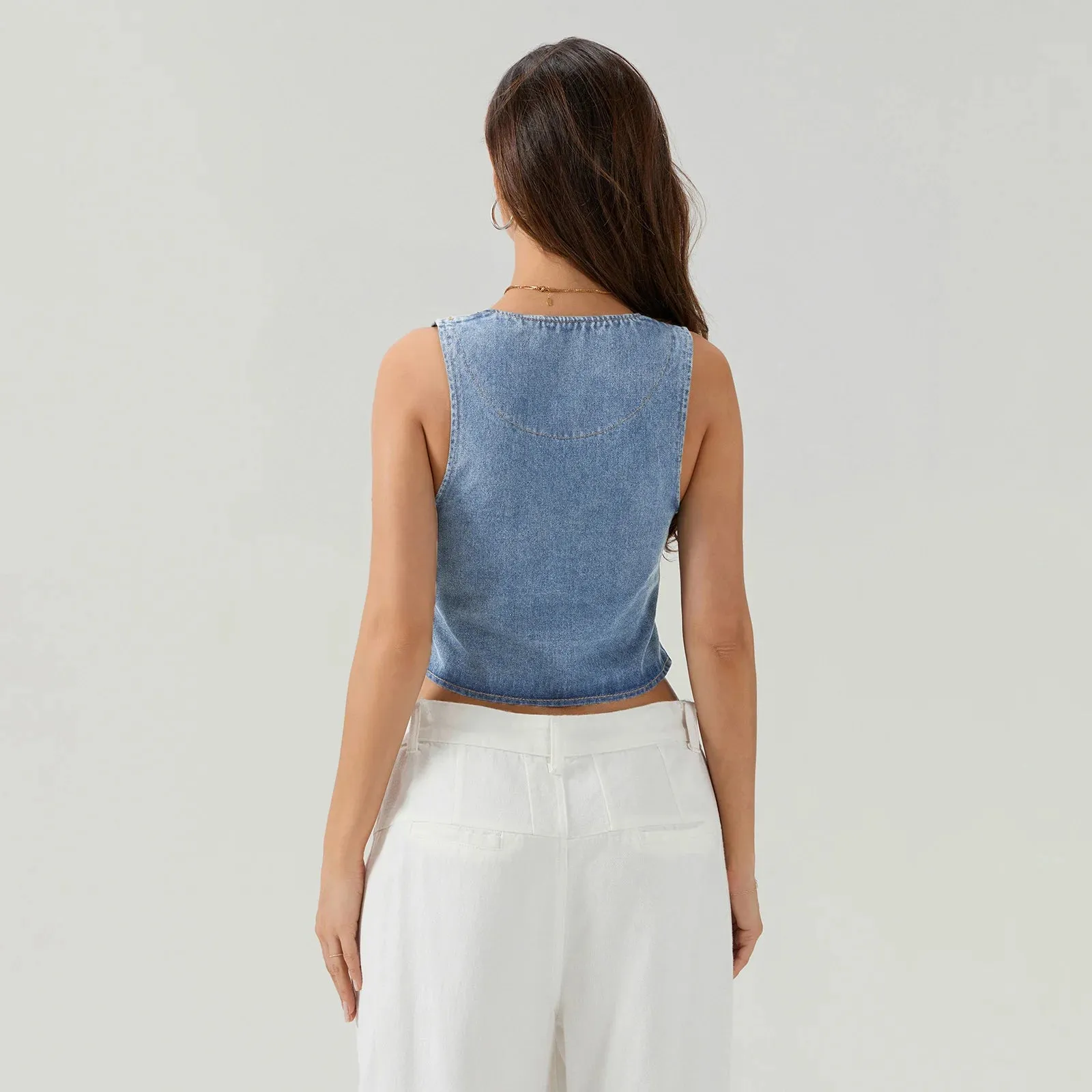 Denim V Neck Tie Up Front Top