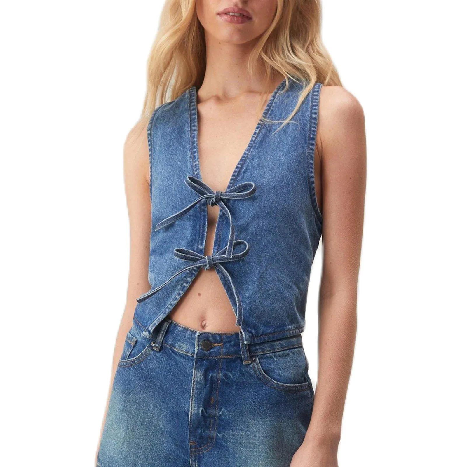 Denim V Neck Tie Up Front Top
