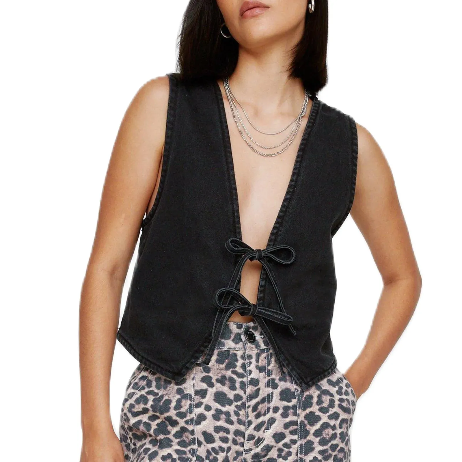 Denim V Neck Tie Up Front Top