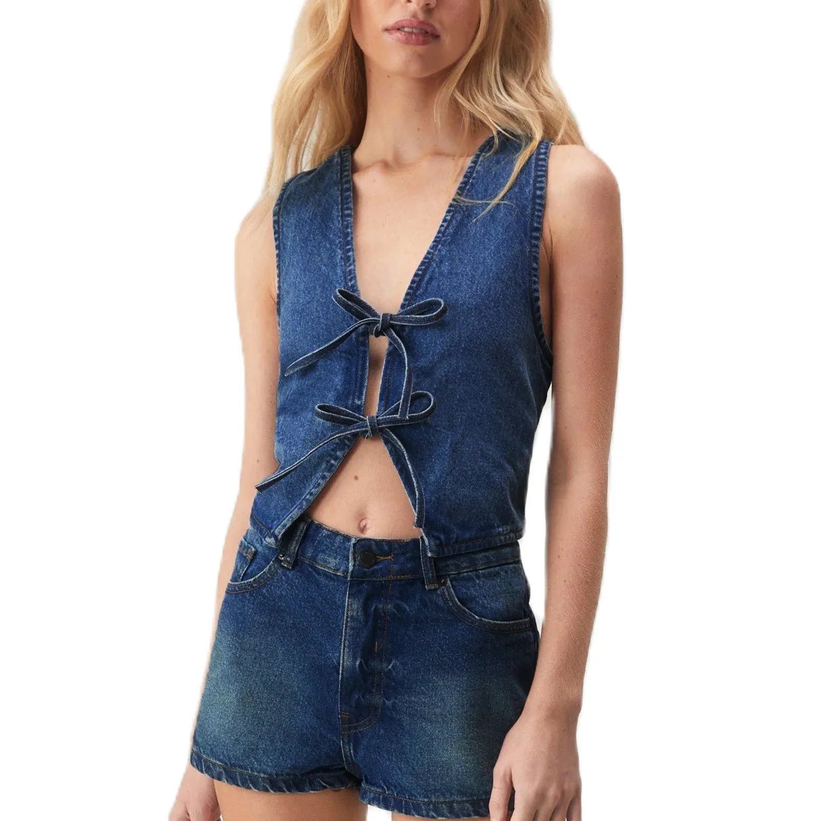 Denim V Neck Tie Up Front Top