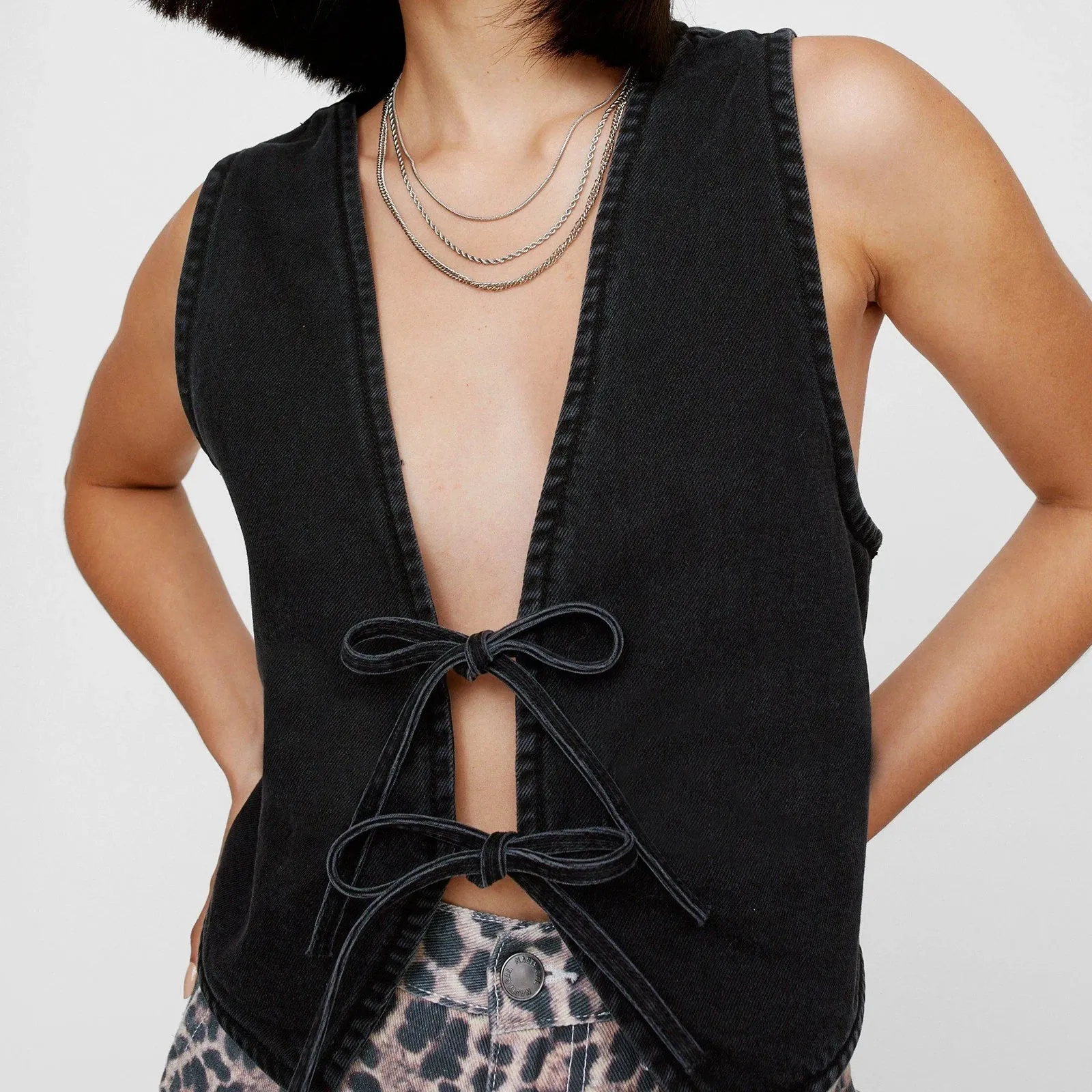 Denim V Neck Tie Up Front Top