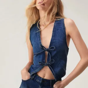 Denim V Neck Tie Up Front Top