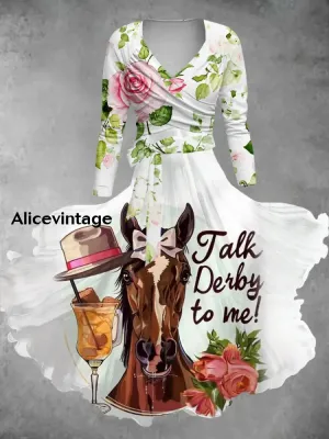 Derby Art Print V-Neck Vintage Long Sleeve Two Piece Dress Derby Dress