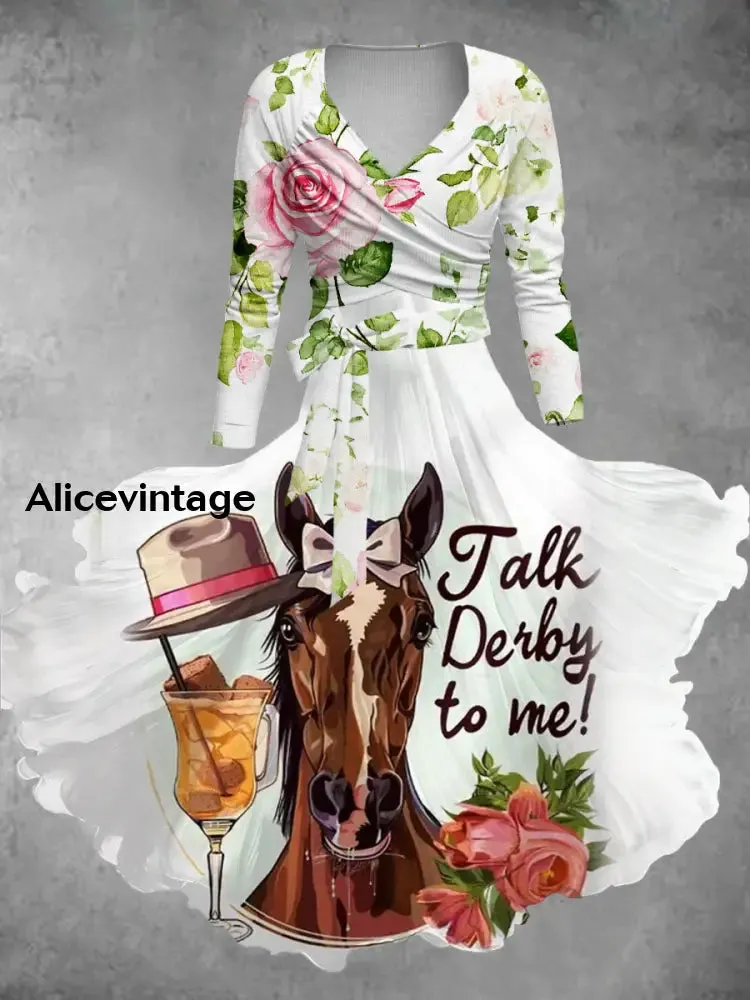 Derby Art Print V-Neck Vintage Long Sleeve Two Piece Dress Derby Dress