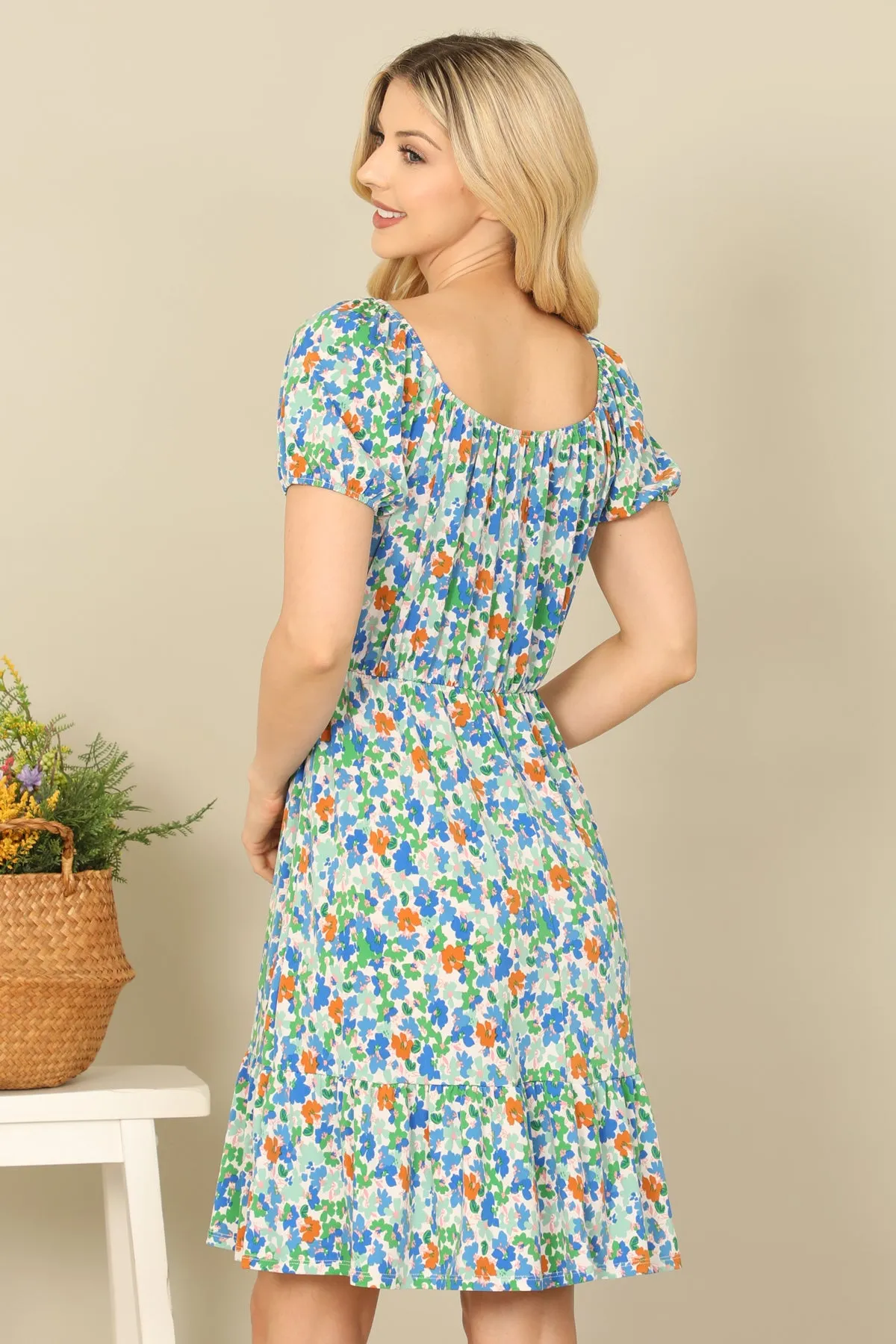 DITSY FLORAL SHORT PUFF SLEEVE CINCH WAIST DRESS