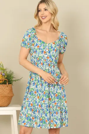 DITSY FLORAL SHORT PUFF SLEEVE CINCH WAIST DRESS