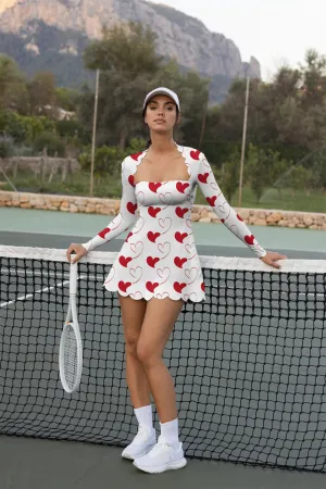 Double Love – Red Heart Outline Long Sleeve Tennis Dress