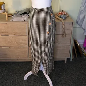 DRESS BLANK Check Plaid Pattern Midi Front Slit High-Waist Modest Pencil Skirt L