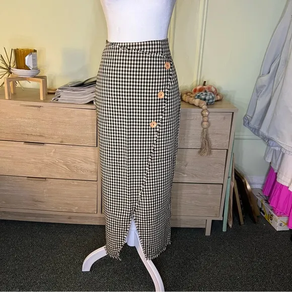 DRESS BLANK Check Plaid Pattern Midi Front Slit High-Waist Modest Pencil Skirt L
