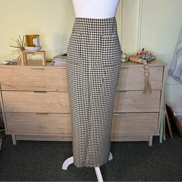 DRESS BLANK Check Plaid Pattern Midi Front Slit High-Waist Modest Pencil Skirt L