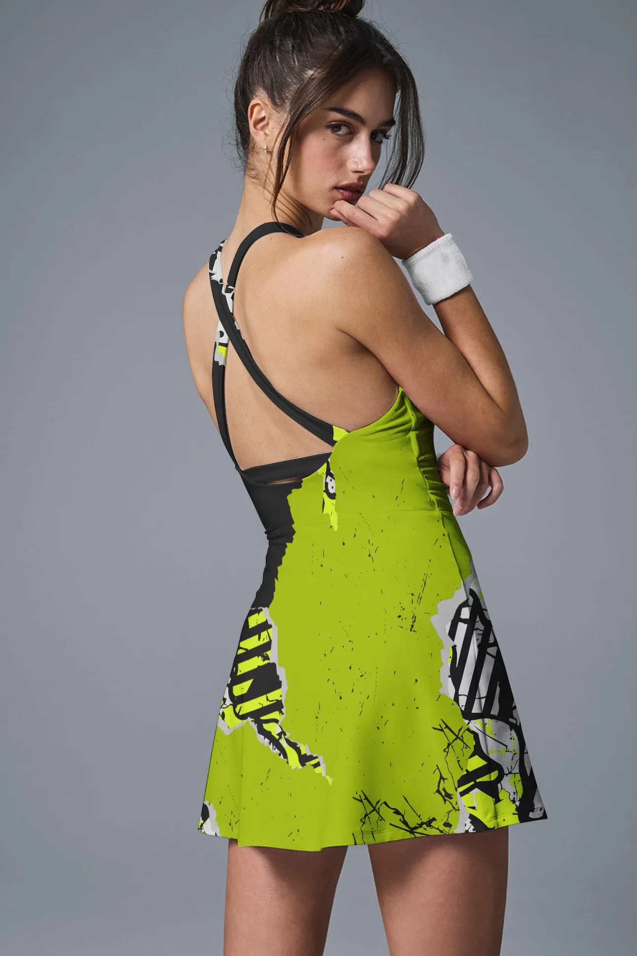 Electric Pulse Racerback Tennis Dress – Neon Lime Black Ink Splatter