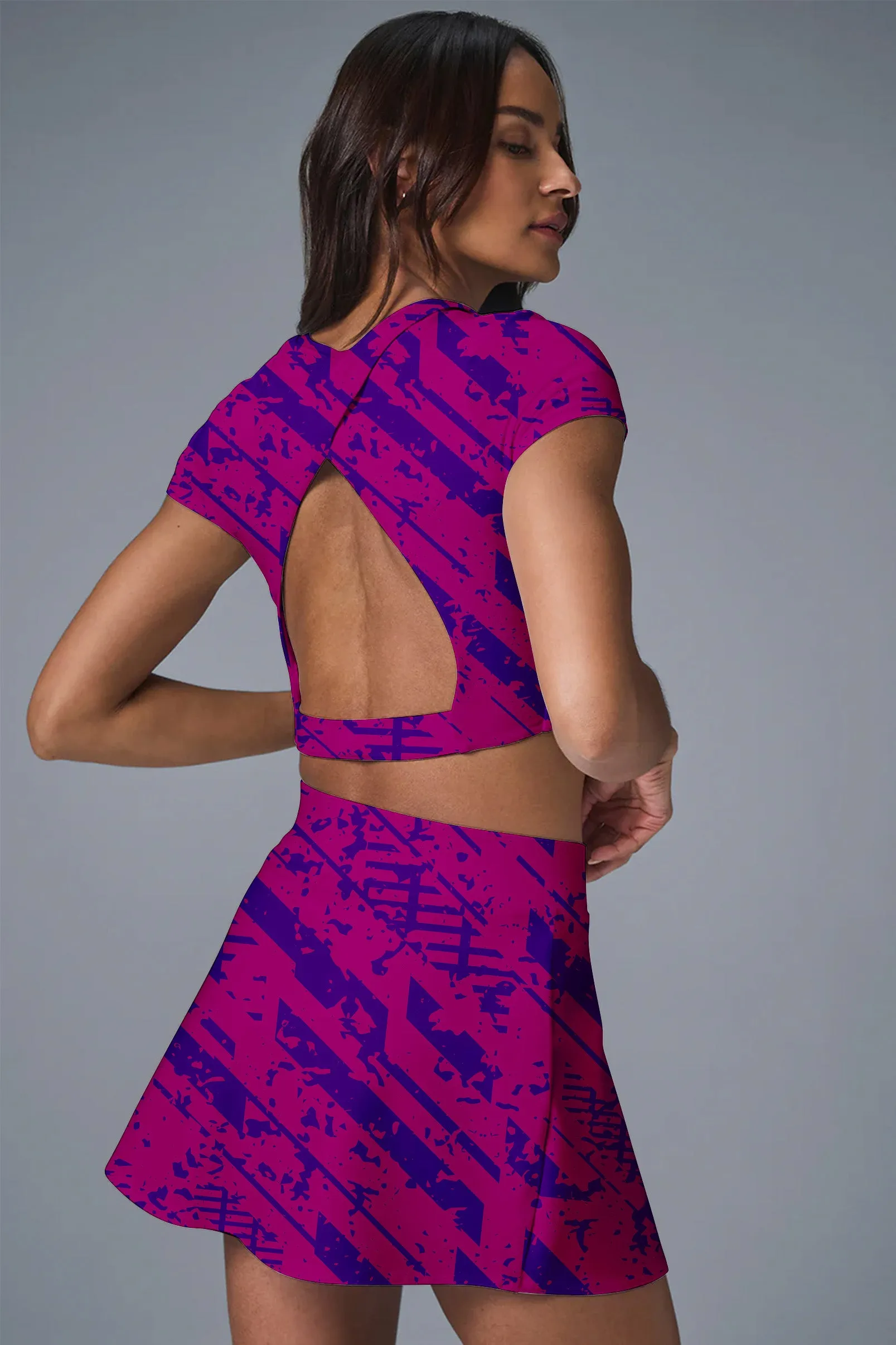 Electric Pulse Set – Women's Fuchsia & Purple Abstract Print Crop Top and Skirt Set