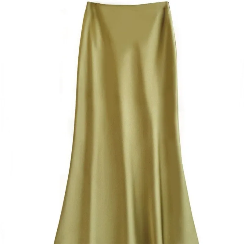 Elegant High-Waisted Satin Mermaid Midi Skirt