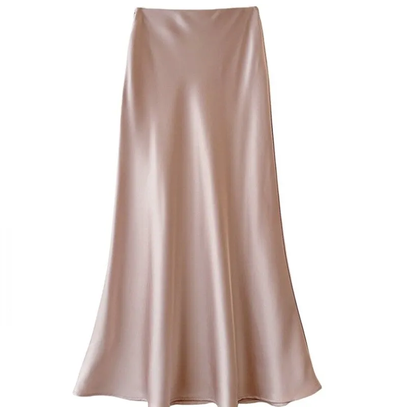 Elegant High-Waisted Satin Mermaid Midi Skirt
