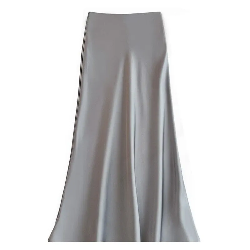 Elegant High-Waisted Satin Mermaid Midi Skirt