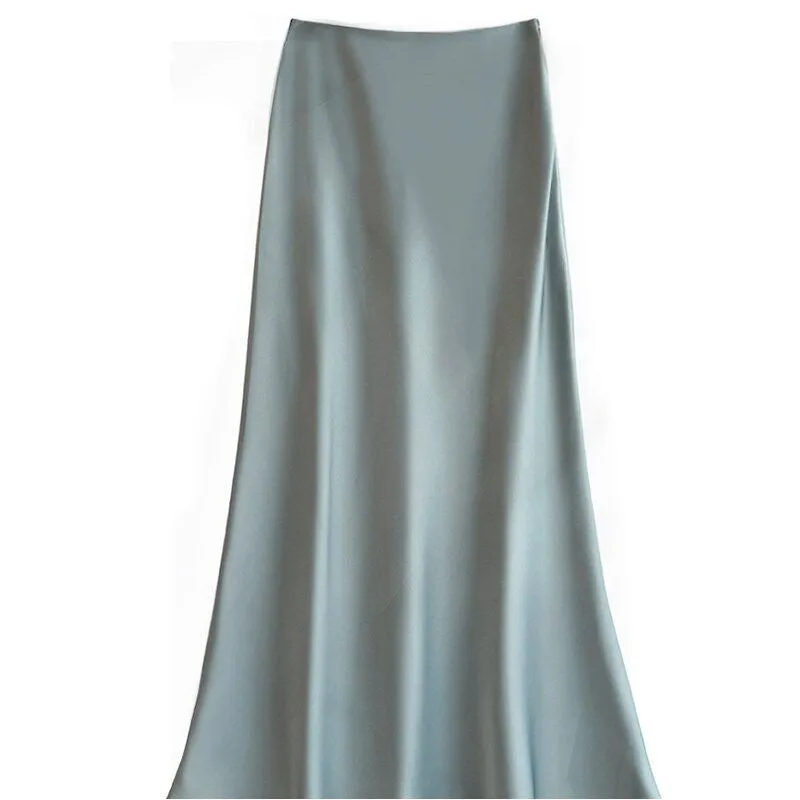 Elegant High-Waisted Satin Mermaid Midi Skirt