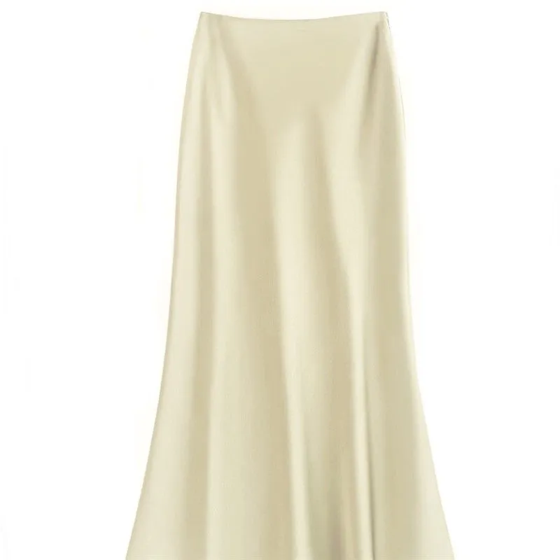 Elegant High-Waisted Satin Mermaid Midi Skirt