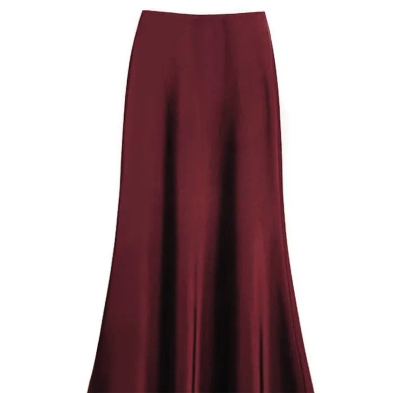 Elegant High-Waisted Satin Mermaid Midi Skirt