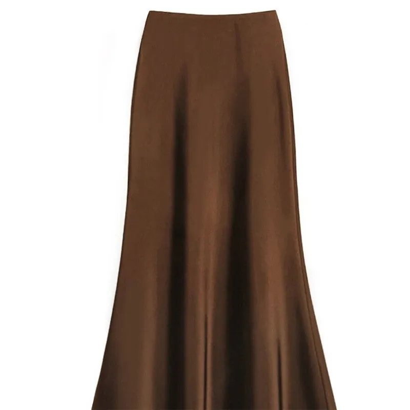 Elegant High-Waisted Satin Mermaid Midi Skirt