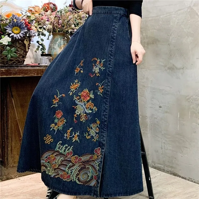 Embroidered Floral High Waisted Denim Skirt