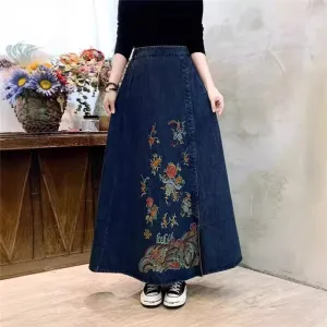 Embroidered Floral High Waisted Denim Skirt