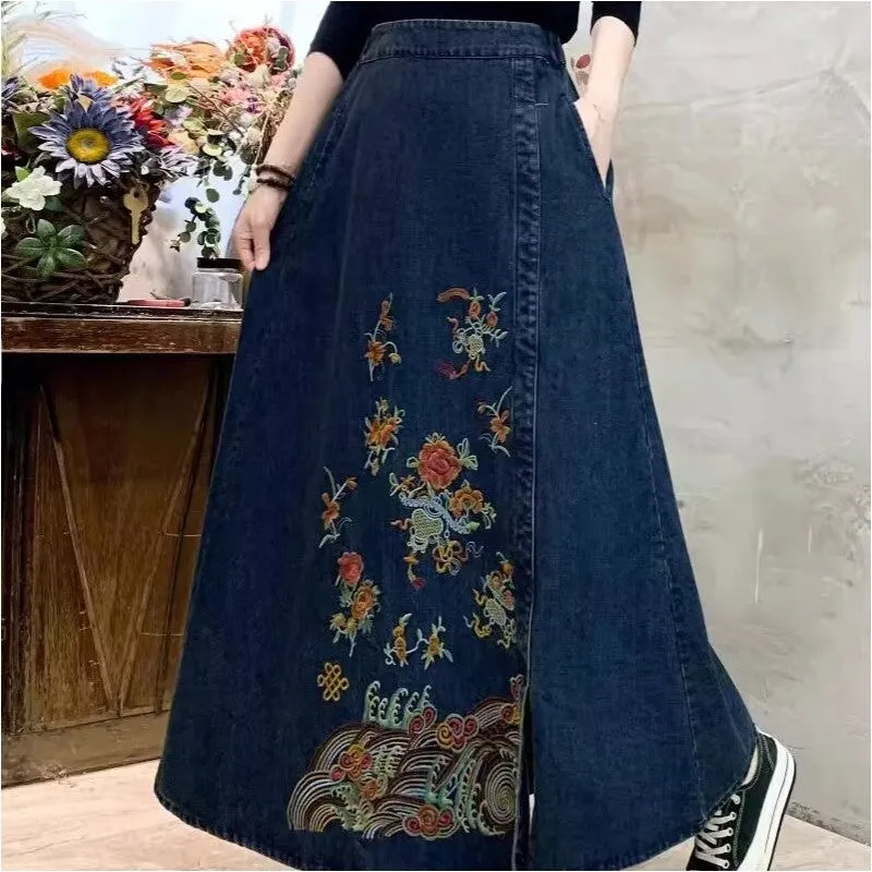 Embroidered Floral High Waisted Denim Skirt