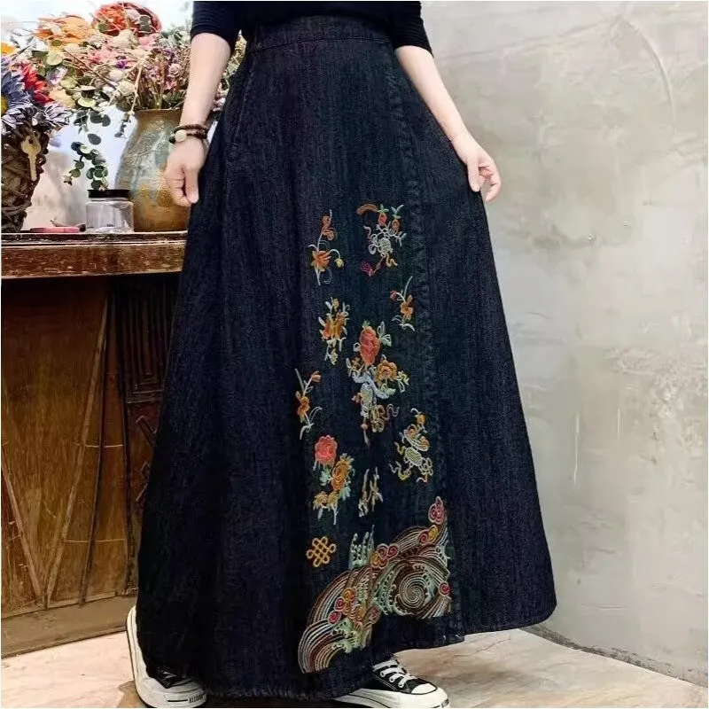 Embroidered Floral High Waisted Denim Skirt