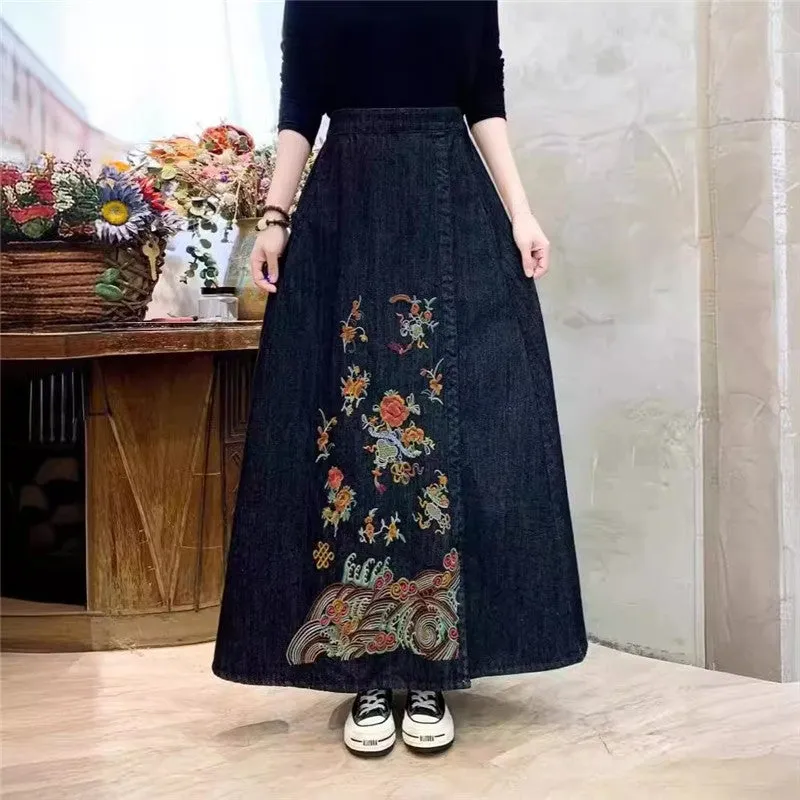 Embroidered Floral High Waisted Denim Skirt