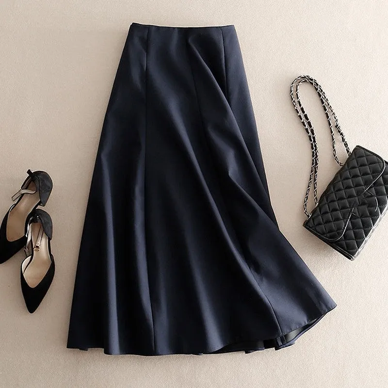 Fashion Solid Color High Waist Midi Skirt