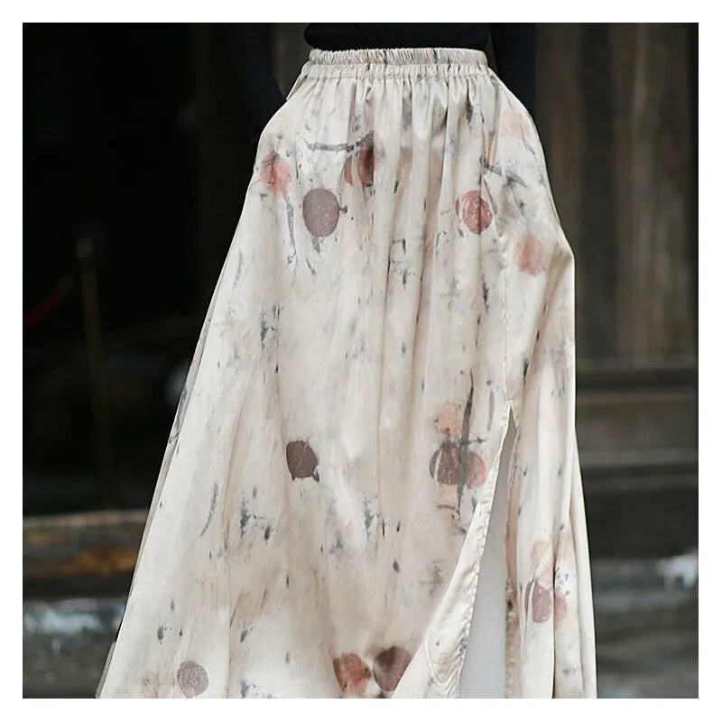 Fashionable Split Satin Printed Half Skirt