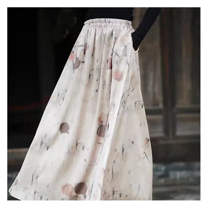 Fashionable Split Satin Printed Half Skirt
