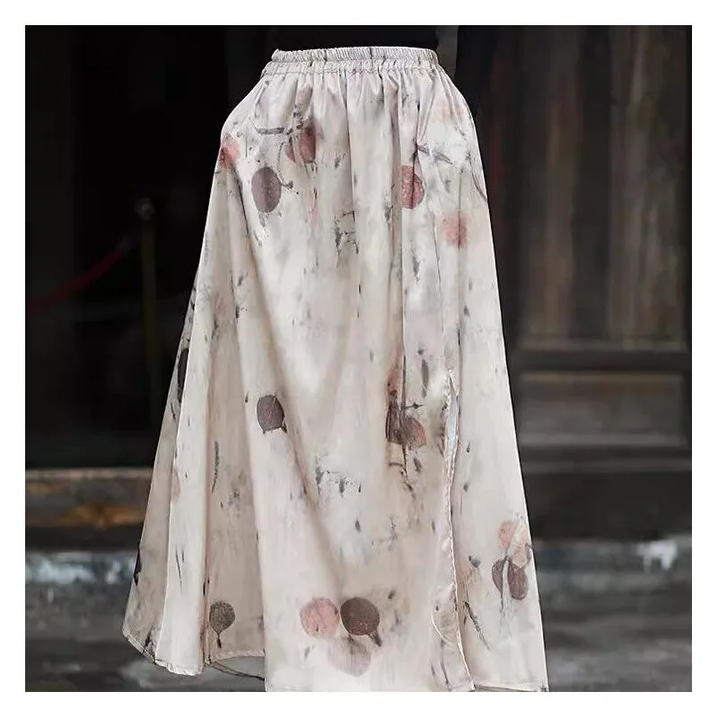 Fashionable Split Satin Printed Half Skirt