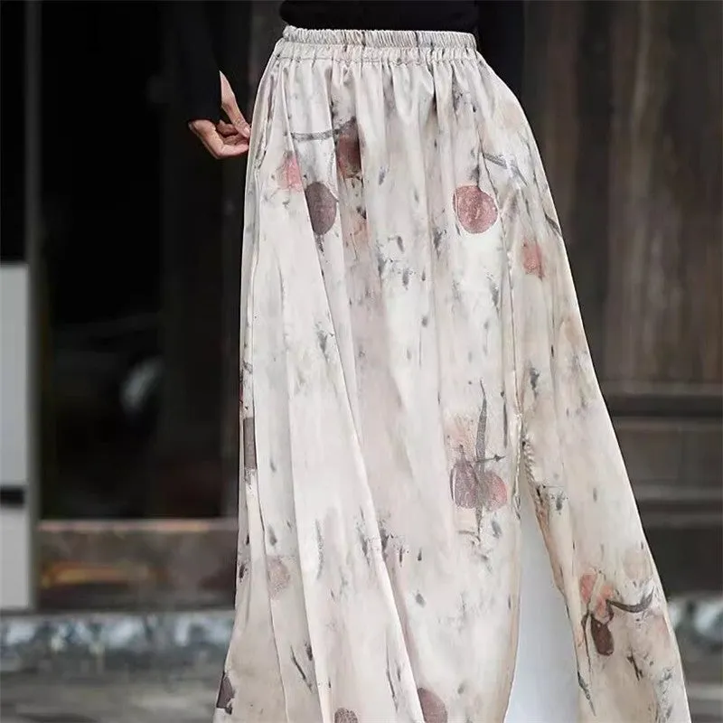 Fashionable Split Satin Printed Half Skirt