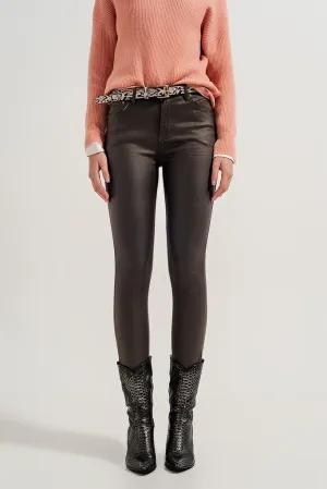 Faux Leather High Waisted Split Zip Hem Pants in Khaki