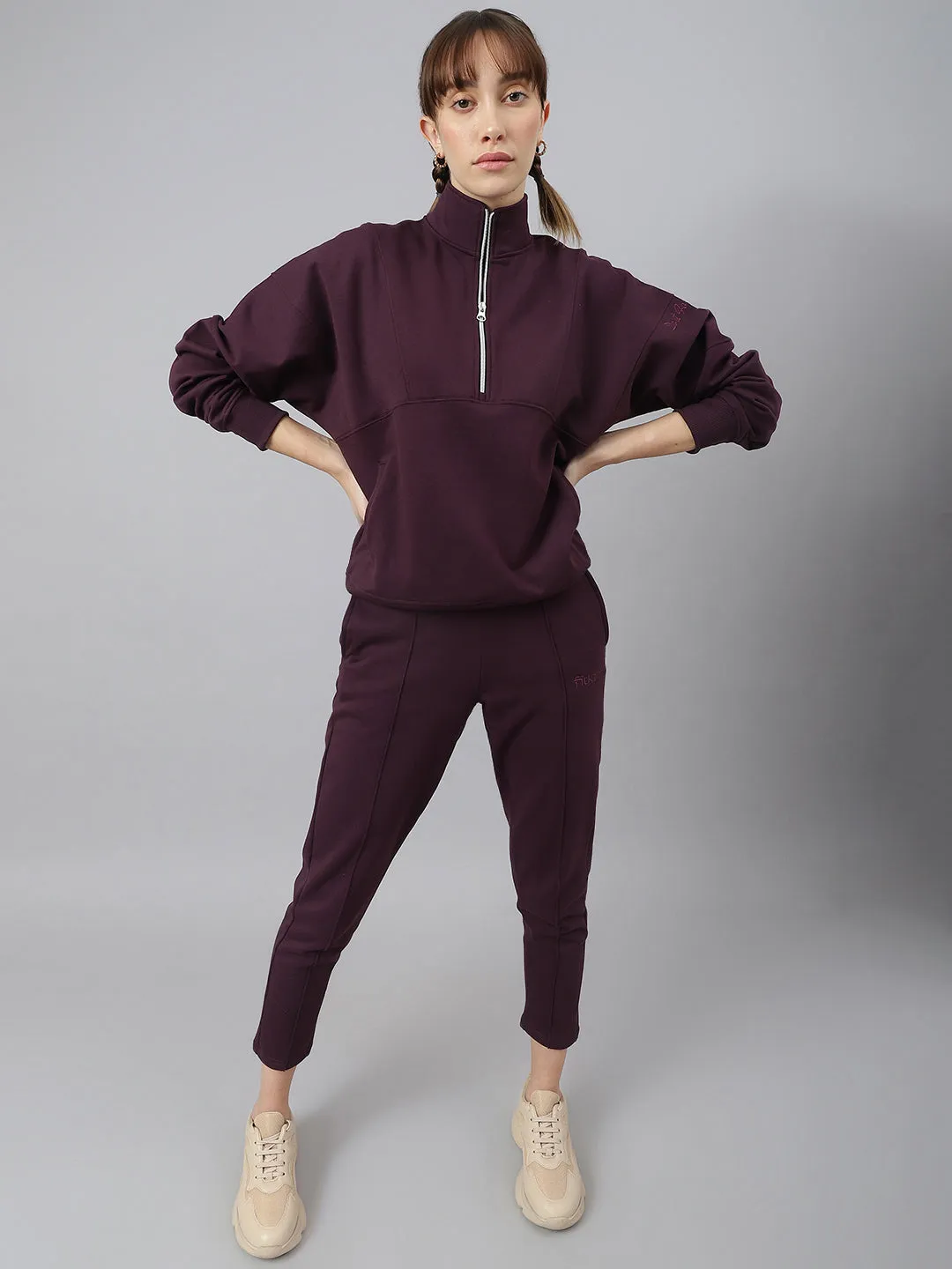 Fitkin Women Purple Regular Fit Fleece Sweatshirt