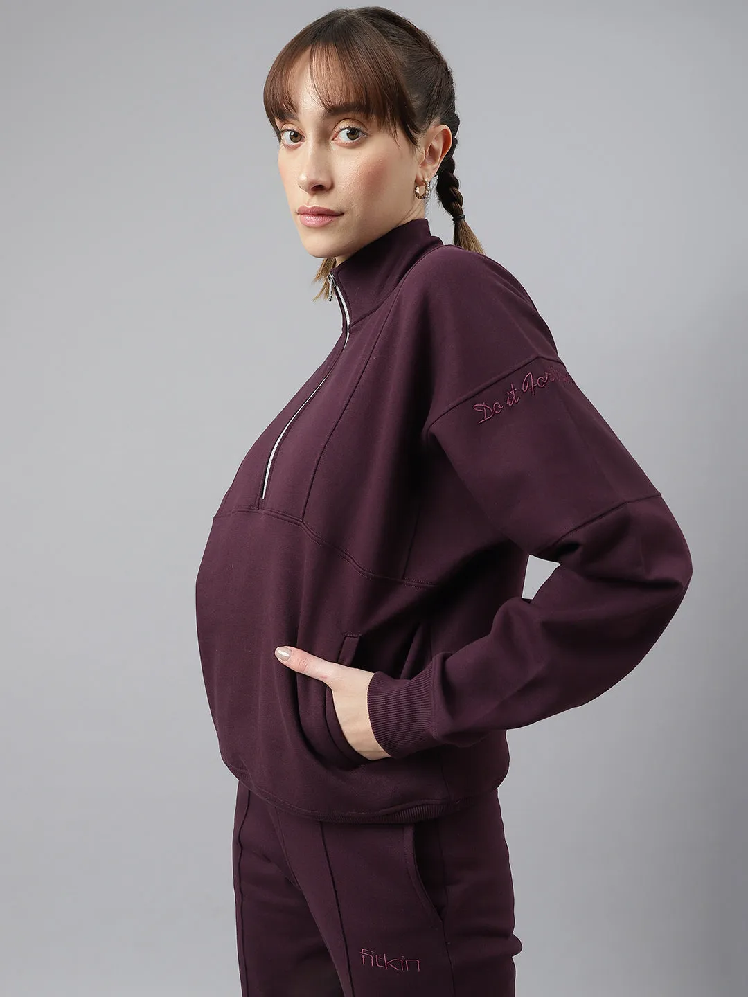 Fitkin Women Purple Regular Fit Fleece Sweatshirt