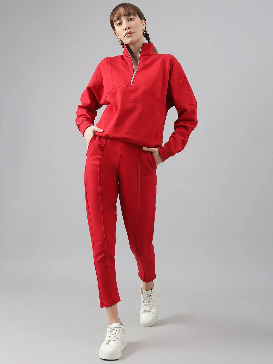 Fitkin Women Red Regular Fit Fleece Sweatshirt