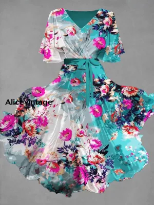 Floral Art Print Chic V-Neck Short Sleeve Vintage Midi Dress