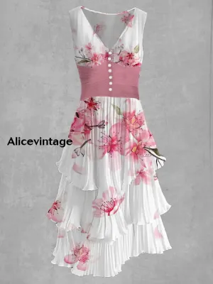 Floral Art Print Sleeveless V-Neck Button Up Retro Midi Dress