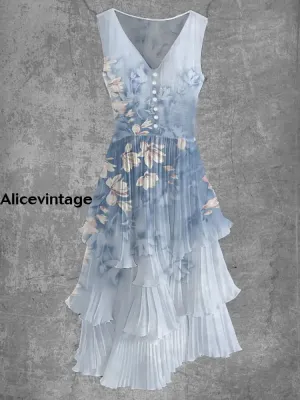 Floral Art Print Sleeveless V-Neck Button Up Retro Midi Dress