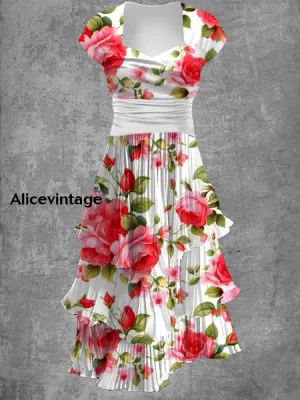 Floral Art Print V-Neck Vintage Chic Short Sleeve Midi Dress