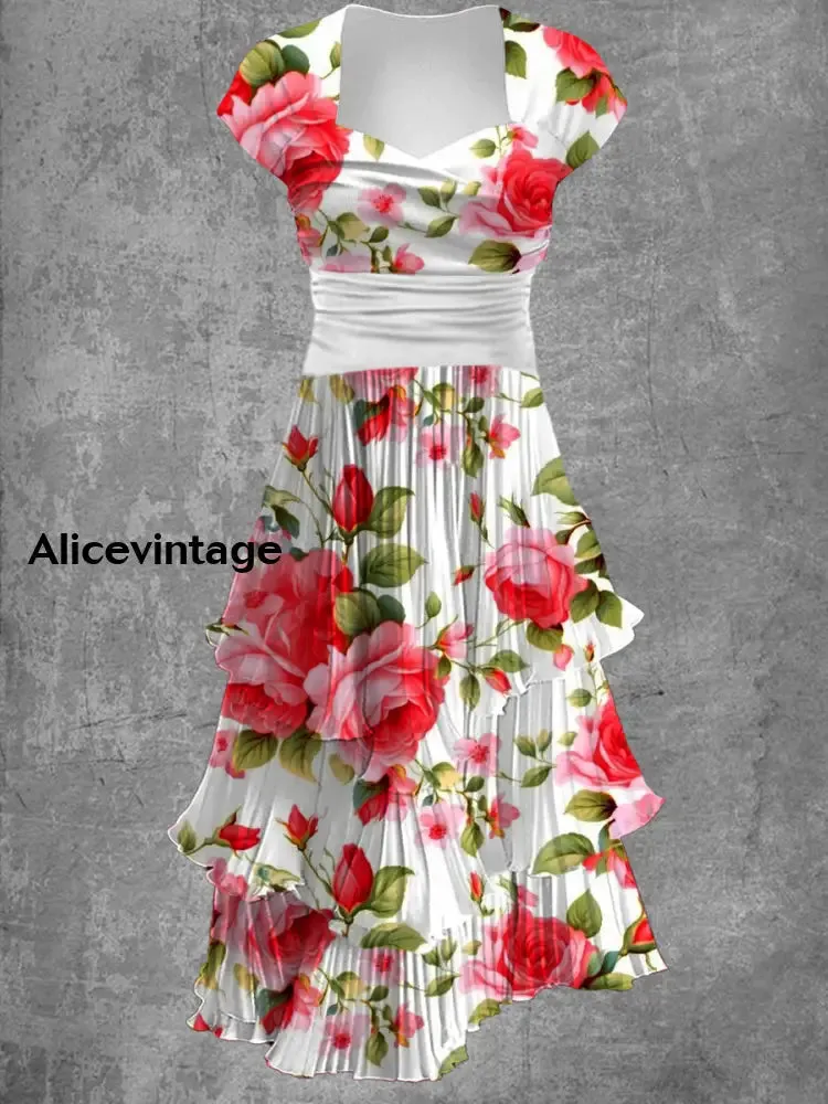 Floral Art Print V-Neck Vintage Chic Short Sleeve Midi Dress