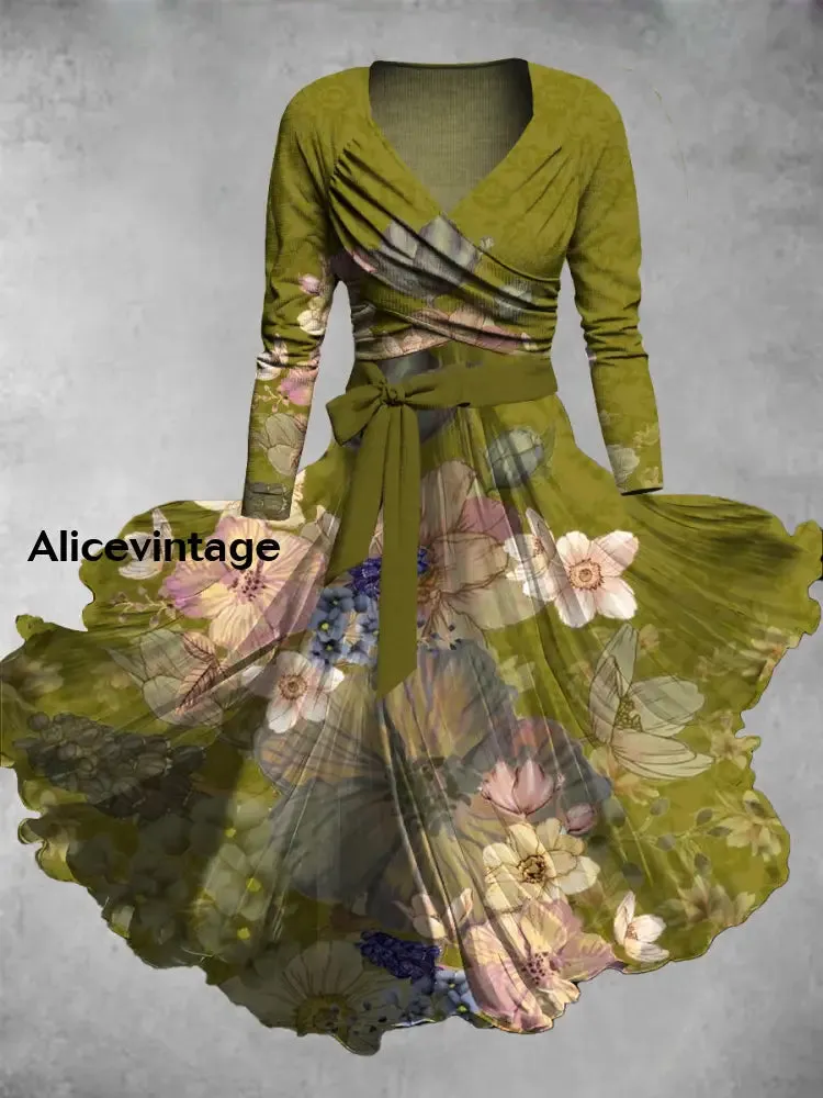 Floral Print Vintage Elegant V-Neck Long Sleeve Two-Piece Midi Dress