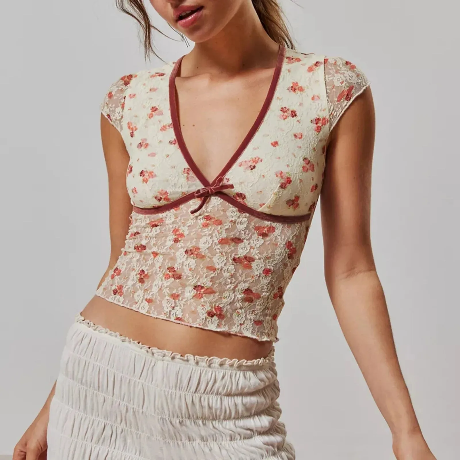 Floral Short Sleeve  Lace Top