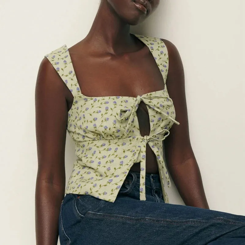 Floral Sleeveless Tie Front Vest