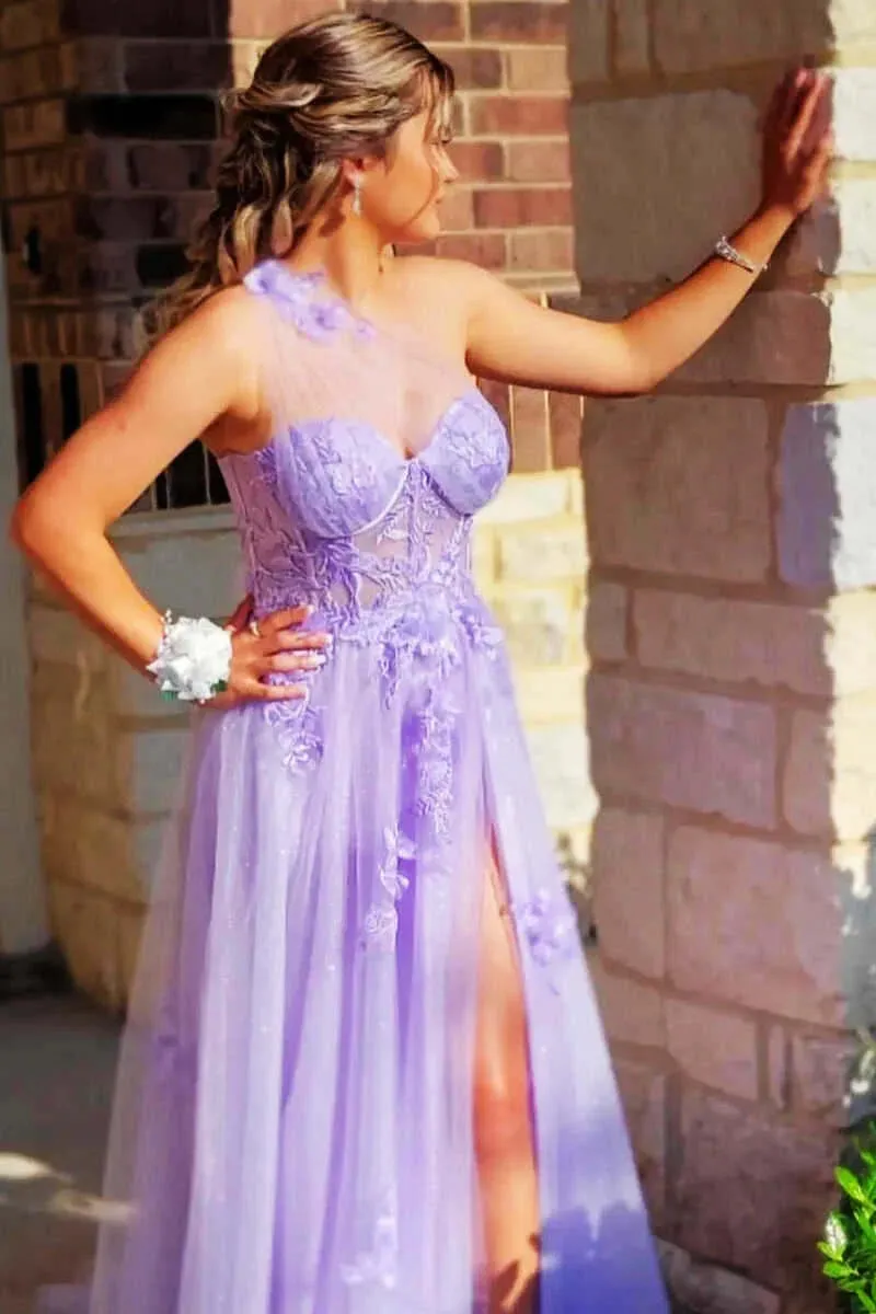 Flowers Lilac 2024 Prom Dresses Lace One Shoulder Applique Sweetheart with Split