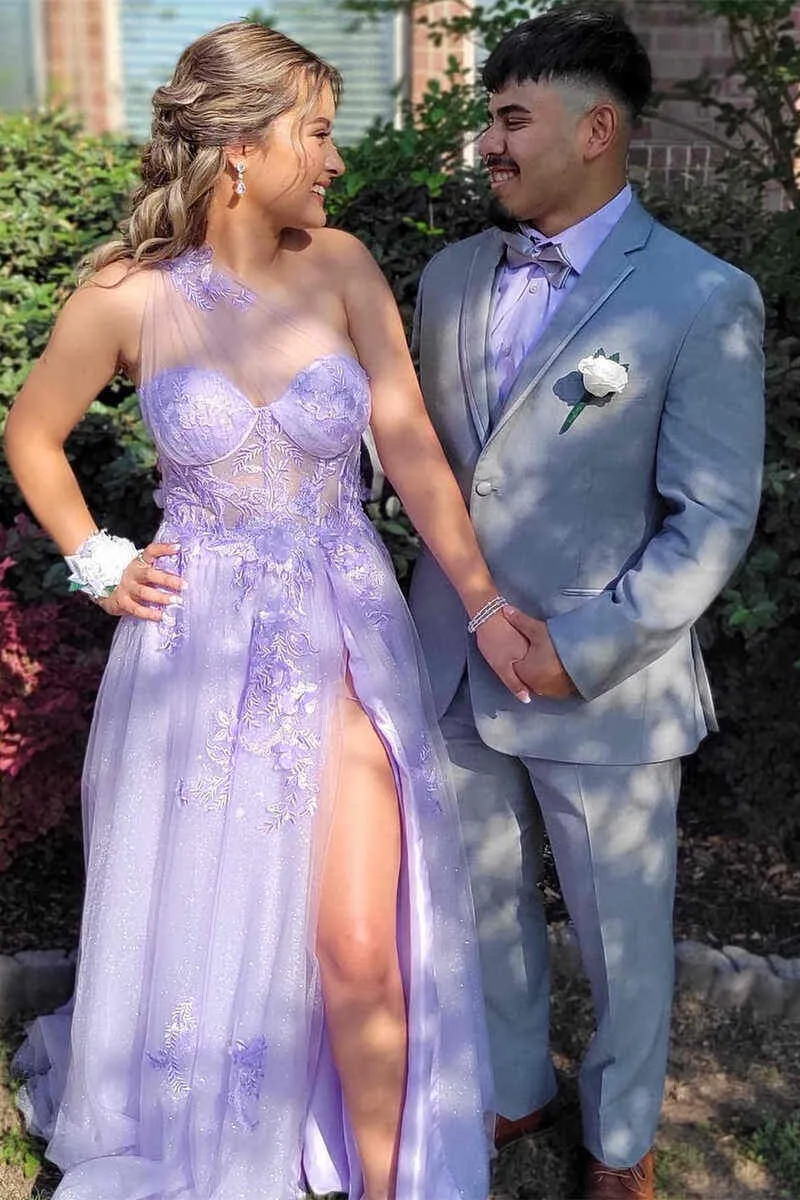 Flowers Lilac 2024 Prom Dresses Lace One Shoulder Applique Sweetheart with Split