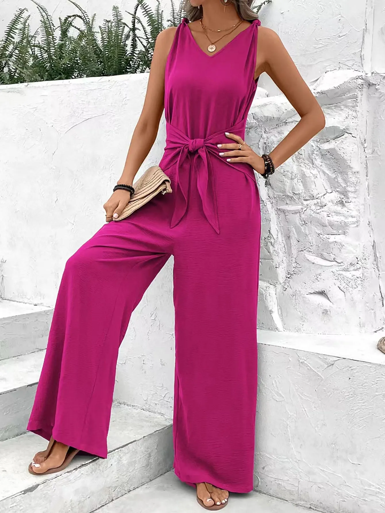 Fuchsia Jumpsuit With Waist Tie Up Detail