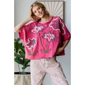 Fuchsia Washed Flower Applique Short Sleeve Knit Oli Hali Top