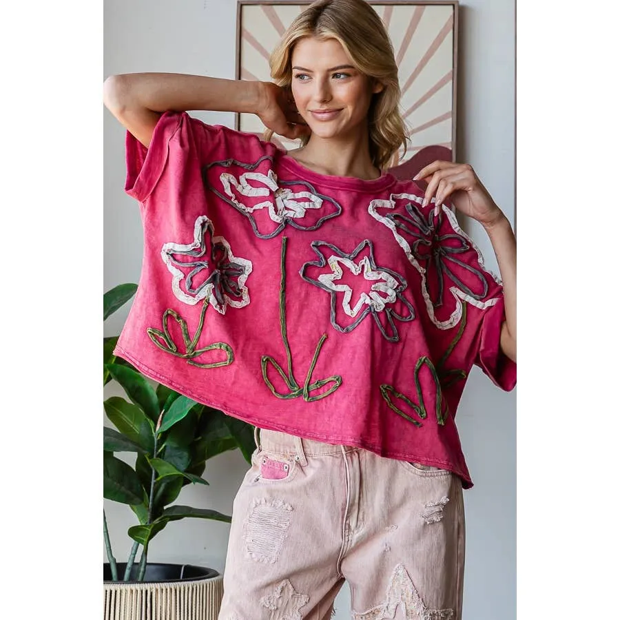 Fuchsia Washed Flower Applique Short Sleeve Knit Oli Hali Top